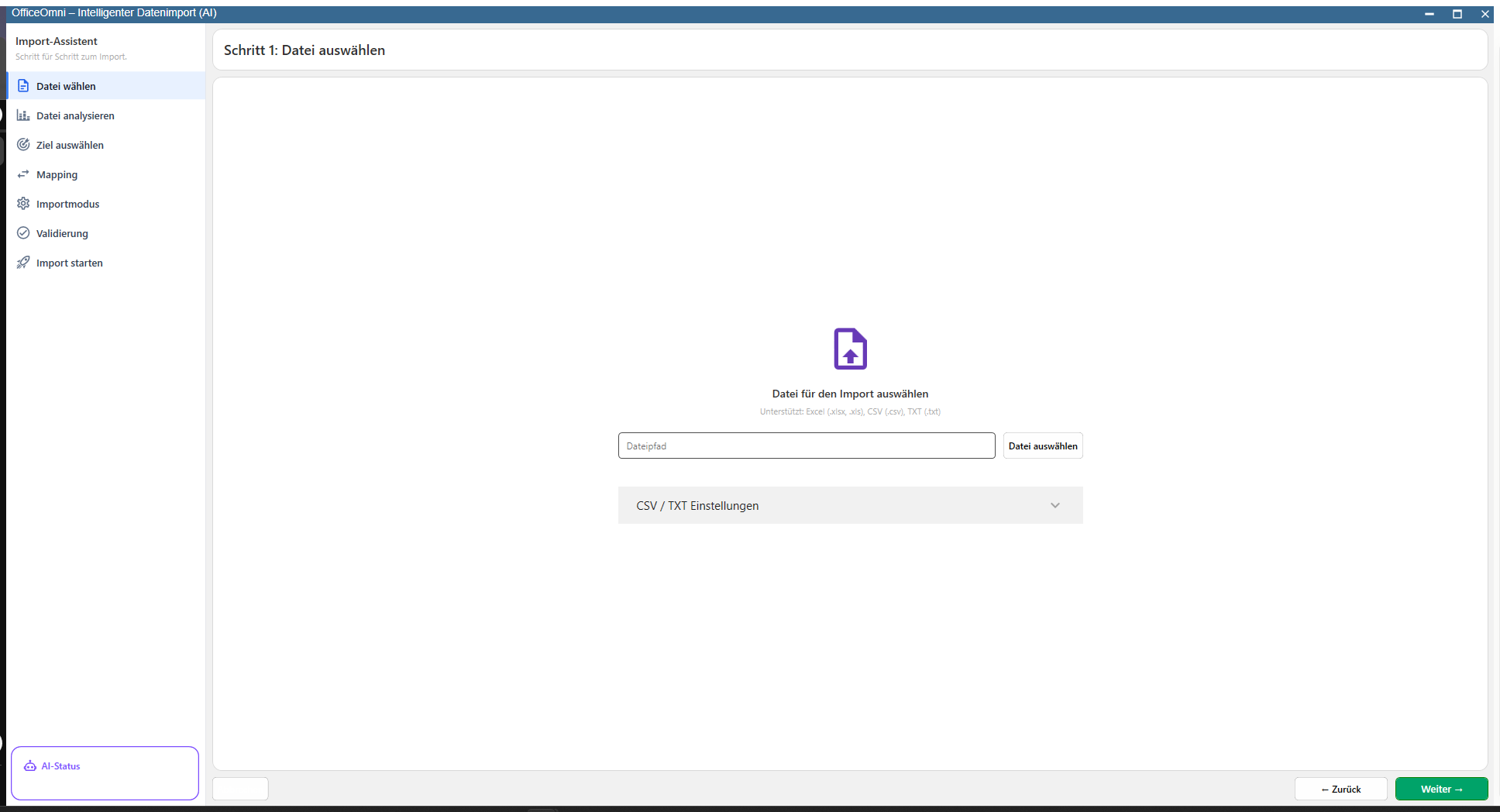 OfficeOmni – geführter Import-Assistent für CSV, Excel und KI-Import