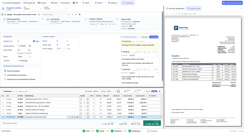 Beleg-Editor in OfficeOmni mit einem neuen Angebot: Kunde, Gültigkeit, Lieferzeit, interne Bemerkung, Einleitung und Schlusstext, sechs Positionen und rechts die Vorschau des Angebots