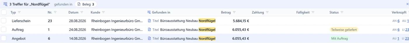 Belegliste nach der Suche „Nordflügel“ mit drei Treffern: Lieferschein 23, Auftrag 1 mit Status „Teilweise geliefert“ und Angebot 6 mit Status „Mit Auftrag“; in der Spalte „Verknüpft“ stehen die Nummern der jeweils anderen Belege der Kette