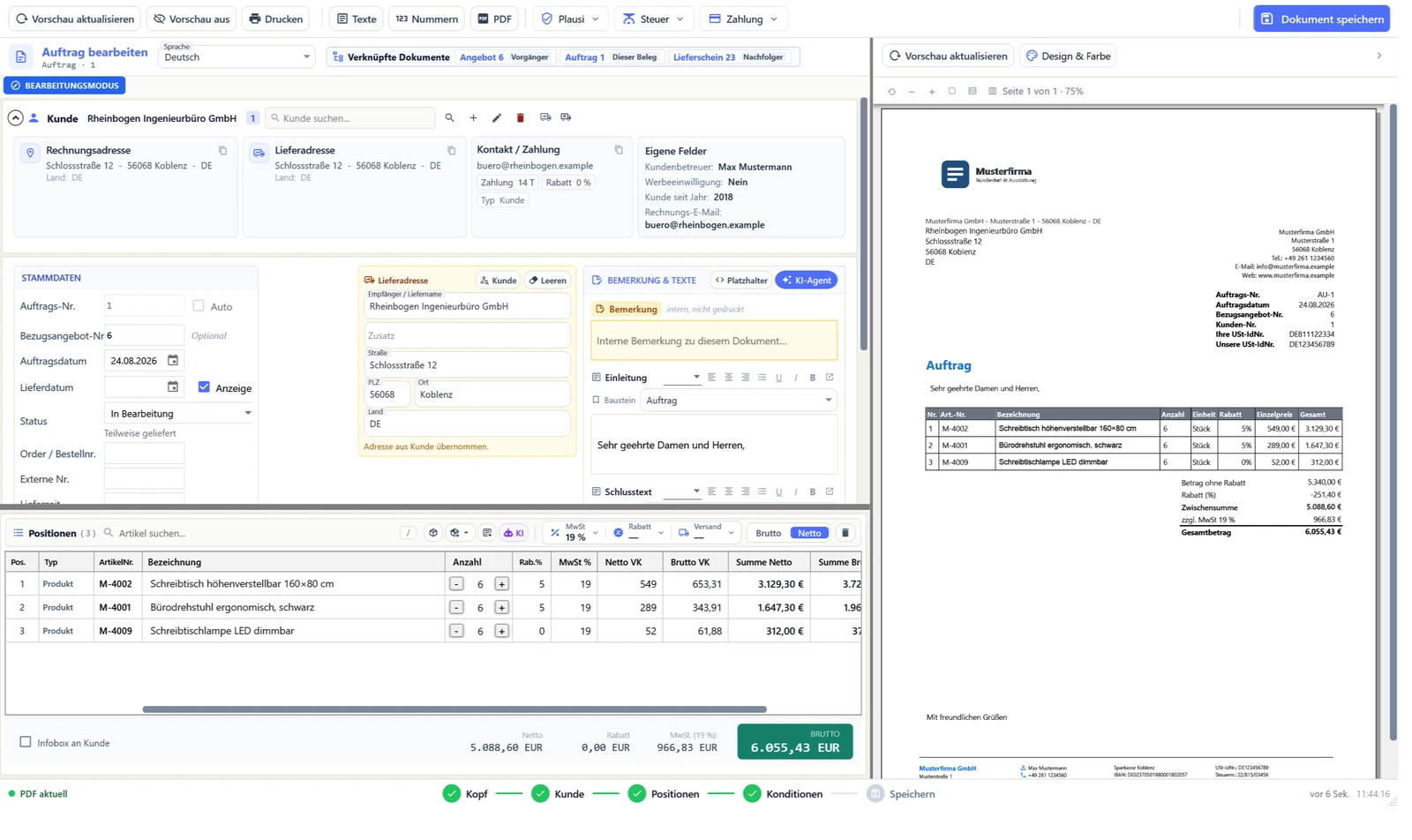 OfficeOmni-Beleg-Editor mit Auftrag 1: links Kunde Rheinbogen Ingenieurbüro GmbH mit Rechnungs- und Lieferadresse, Stammdaten mit Bezugsangebot-Nr. 6, Status „In Bearbeitung“ und „Teilweise geliefert“, Bemerkung und Einleitungstext, drei Positionen mit Rabatt und Summen; rechts die Dokumentvorschau des Auftrags. Oben die Leiste „Verknüpfte Dokumente“ mit Angebot 6 als Vorgänger und Lieferschein 23 als Nachfolger