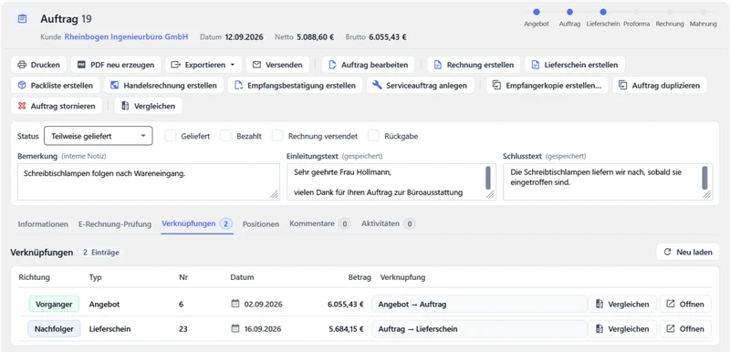 Belegvorschau eines Auftrags mit dem Status Teilweise geliefert, im Reiter Verknüpfungen das Angebot als Vorgänger und der Lieferschein als Nachfolger