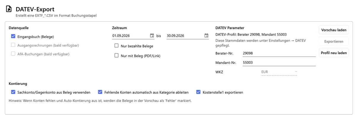Fenster DATEV-Export: Datenquelle Eingangsbuch, Ausgangsrechnungen und AfA-Buchungen als bald verfügbar, Zeitraum, Nur bezahlte Belege, Nur mit Beleg, DATEV-Parameter mit Berater- und Mandantennummer, Kontierungsoptionen und die Knöpfe Vorschau laden und Exportieren