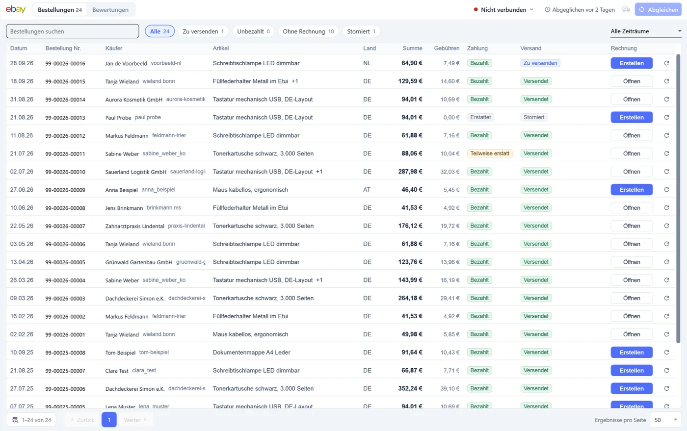 eBay-Bestellungen in OfficeOmni: Suchfeld, Filter Alle, Zu versenden, Unbezahlt, Ohne Rechnung und Storniert jeweils mit Anzahl, Zeitraumwahl, darunter die Tabelle mit Datum, Bestellnummer, Käufer mit eBay-Name, Artikel, Land, Summe, Gebühren, Zahlung und Versand als farbige Marken und der Spalte Rechnung mit Erstellen oder Öffnen