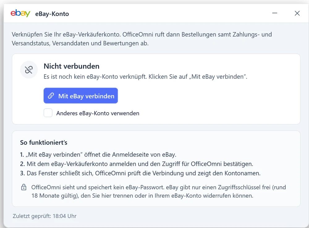 Fenster eBay-Konto in OfficeOmni: Verbindungsstatus, Knopf Mit eBay verbinden, Verbindung prüfen und Trennen sowie der Hinweis, dass OfficeOmni kein eBay-Passwort sieht oder speichert