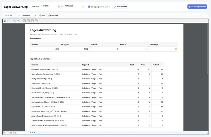 OfficeOmni Lager-Auswertung mit Berichtsvorschau und Excel-Export