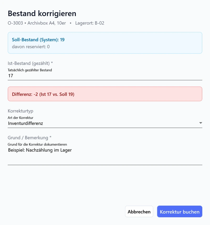OfficeOmni Bestandskorrektur mit neuem physischem Bestand und Grund der Abweichung