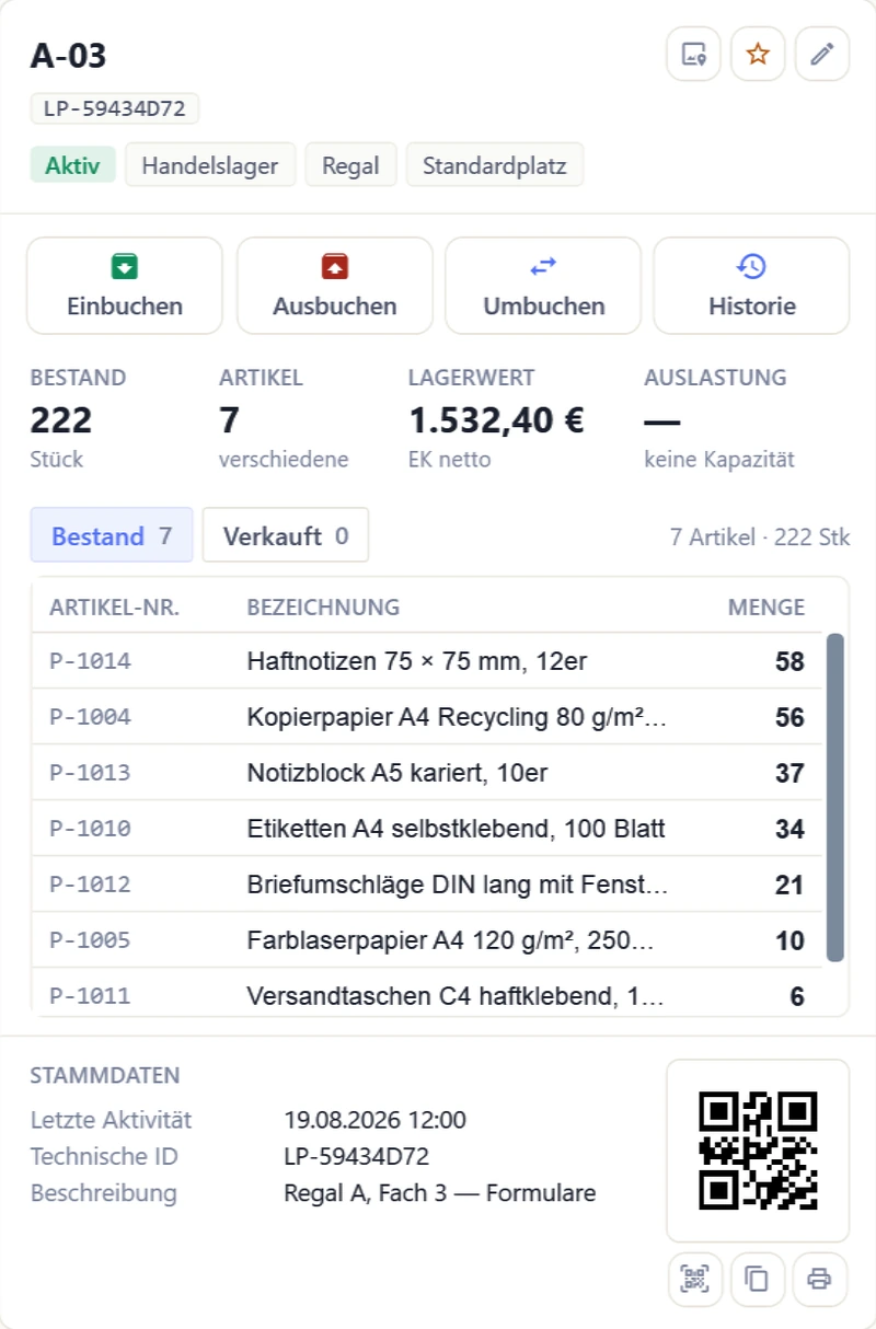 OfficeOmni Ansicht eines echten Demo-Lagerplatzes mit seinen Artikeln und Mengen