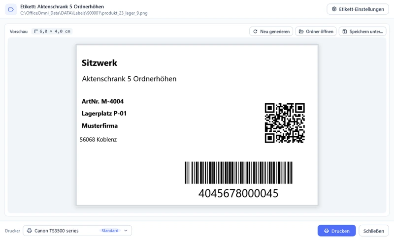 Echte OfficeOmni Etikettenvorschau mit Artikel und Lagerplatz-QR-Code