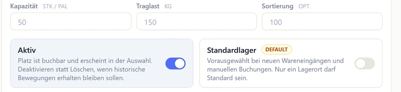 OfficeOmni Lagerortdialog mit Kapazität und weiteren Eigenschaften des Lagerplatzes