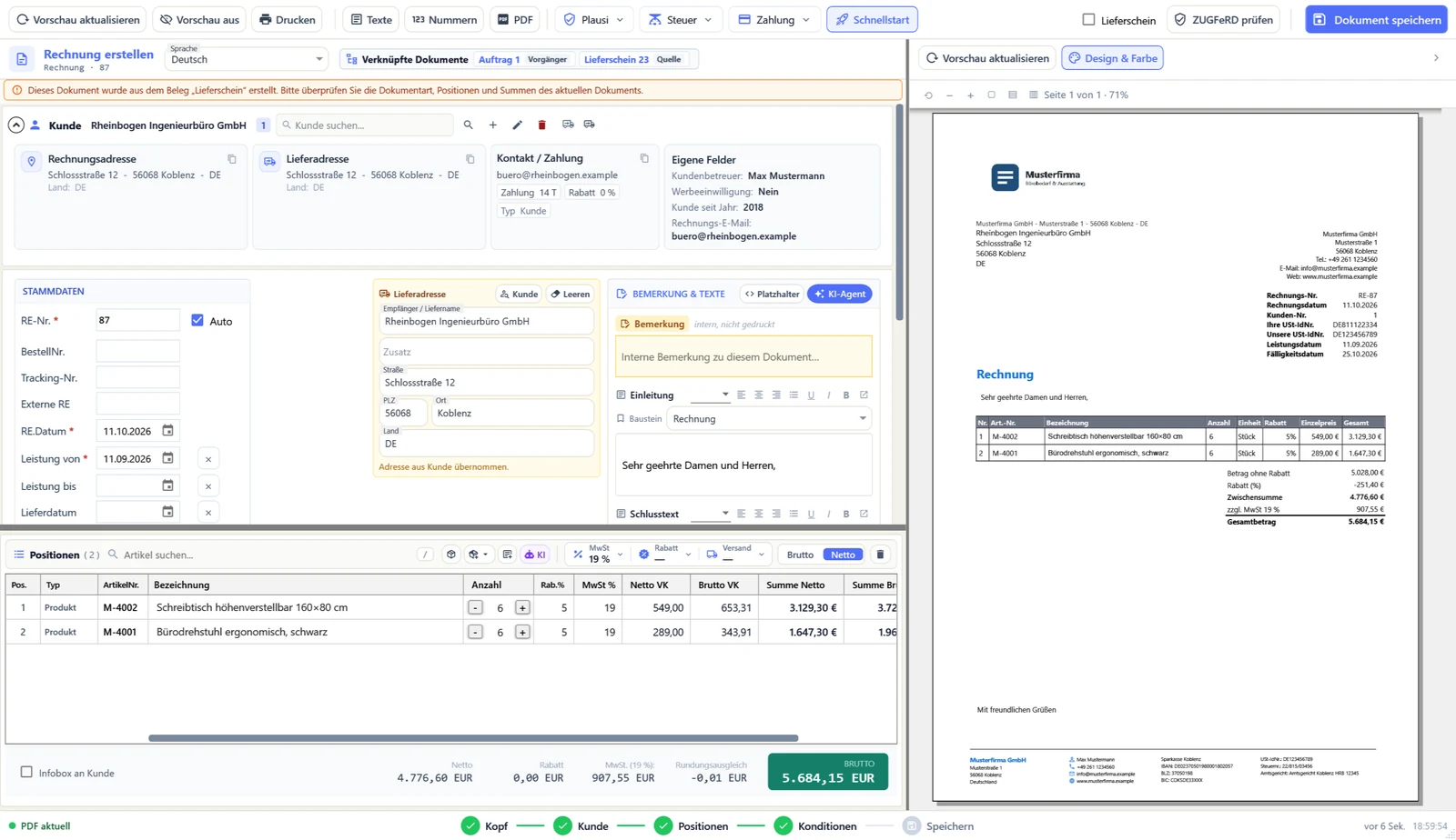 OfficeOmni-Rechnungseditor mit einer Rechnung, die per Klick aus Lieferschein 23 entstanden ist: Kunde Rheinbogen Ingenieurbüro GmbH mit Rechnungs- und Lieferadresse, Stammdaten mit Leistungsdatum 11.09.2026, Einleitungstext, zwei Positionen mit Rabatt und Summen; rechts die Live-Vorschau der Rechnung. Oben die Leiste „Verknüpfte Dokumente“ mit Auftrag 1 und Lieferschein 23 sowie die Knöpfe „Lieferschein“ und „ZUGFeRD prüfen“