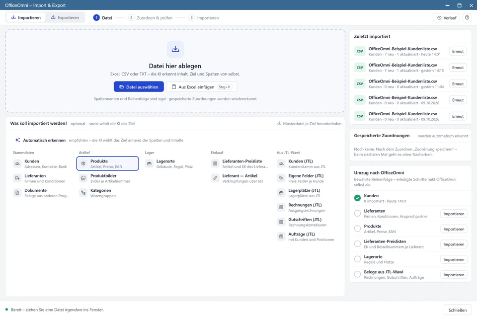 OfficeOmni Import-Assistent im ersten Schritt mit Dateiauswahl für Artikeldaten