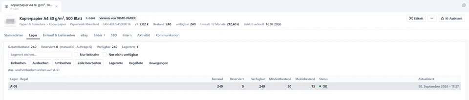 OfficeOmni Lagerposition des Demo-Artikels mit Bestand, reservierter und verfügbarer Menge
