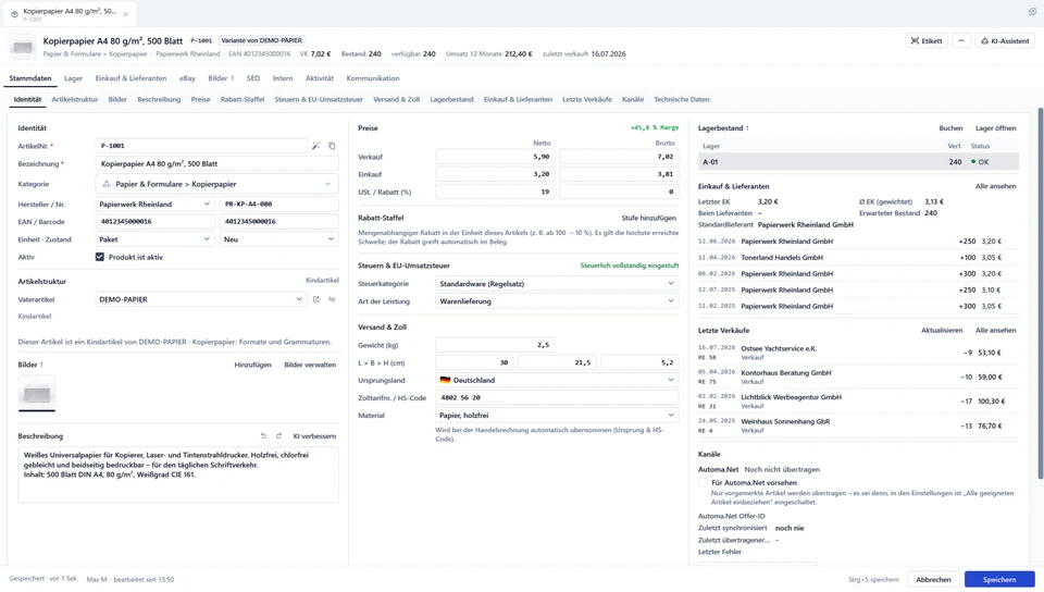 OfficeOmni Artikel-Editor mit Stammdaten des Demo-Artikels Kopierpapier