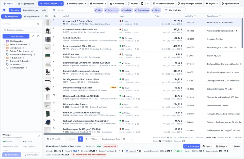 OfficeOmni Artikelverwaltung mit Produktliste, Kategoriebaum und Artikeldetails