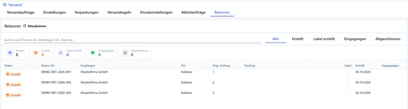 Echte OfficeOmni Retourenliste mit drei offenen Demo-Retouren, Ursprungsbezug und Statusfiltern