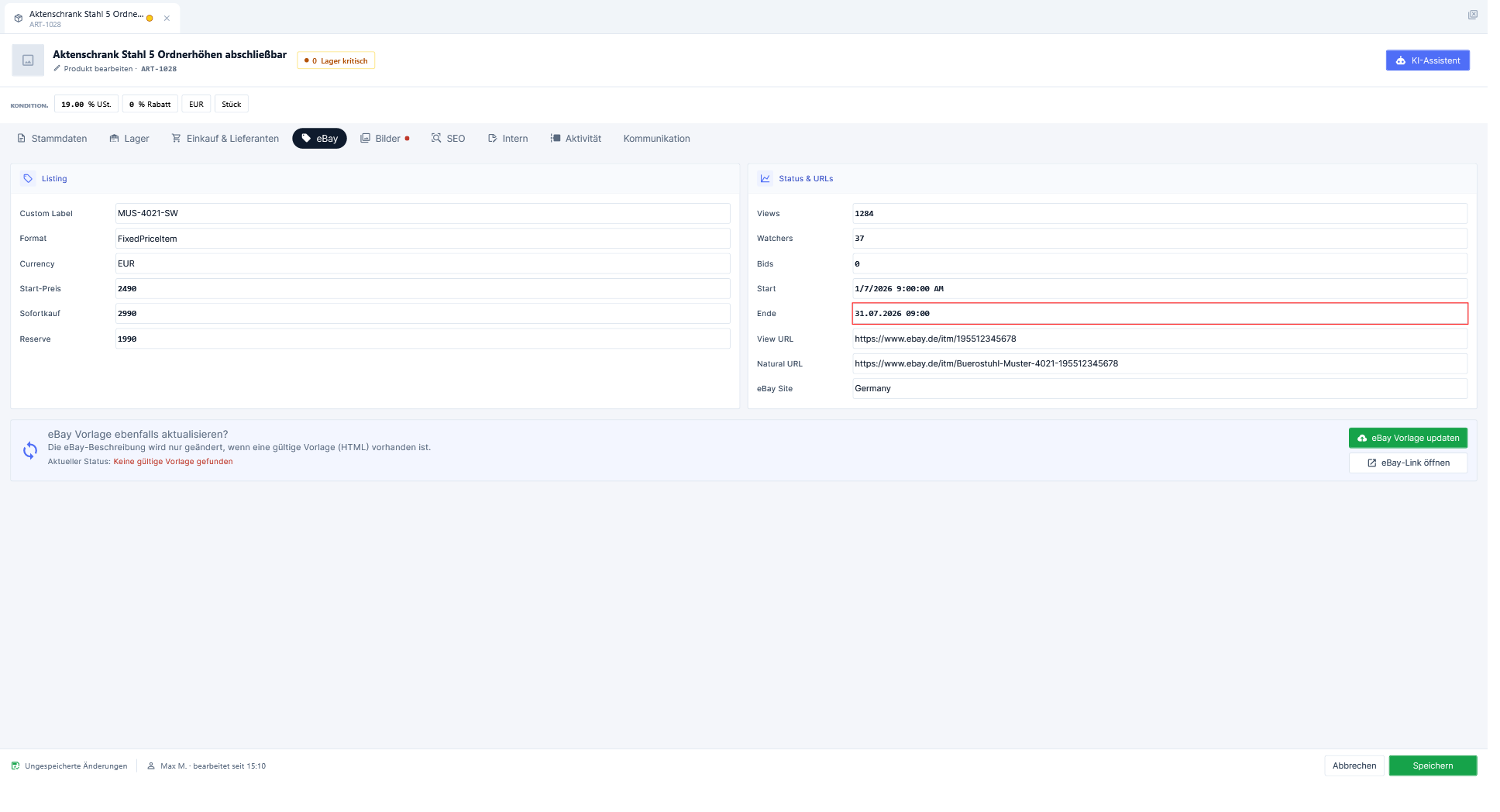 Der Reiter eBay mit den Karten Listing und Status & URLs