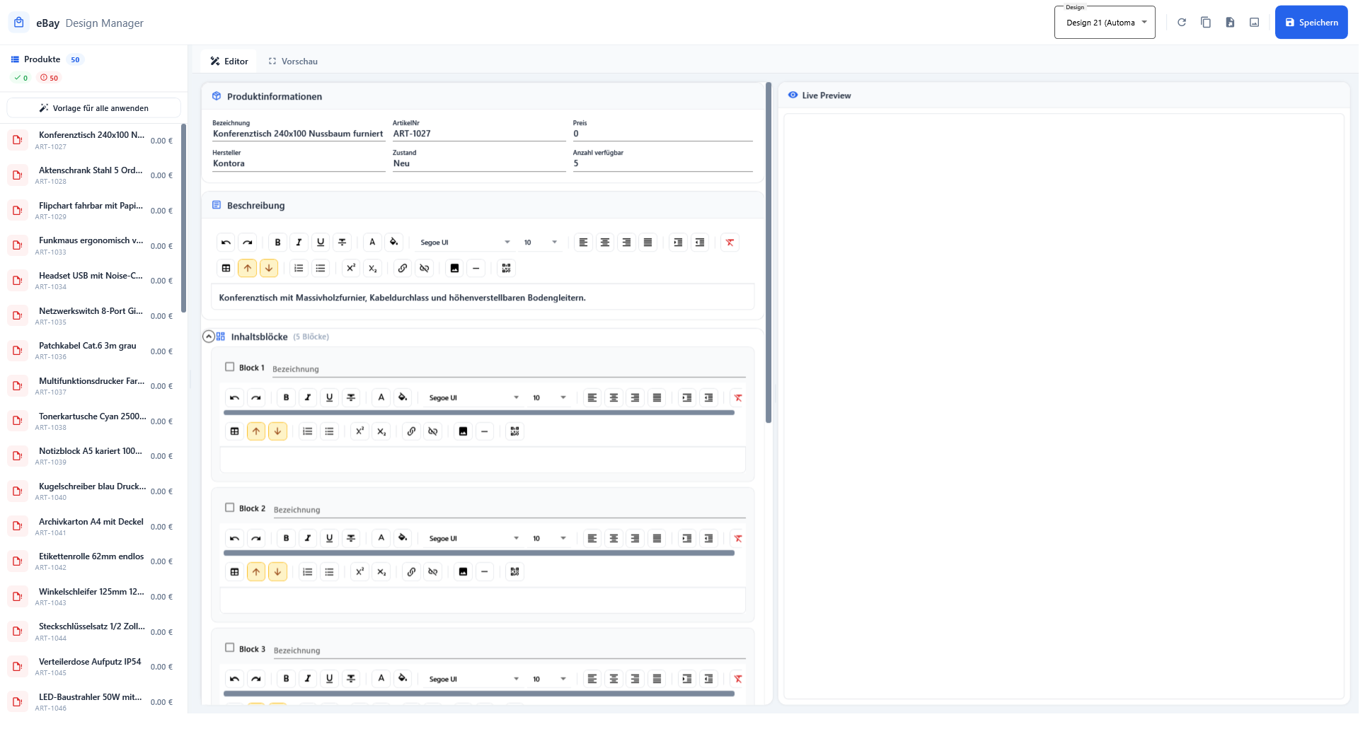 Der eBay Design Manager: Produktliste, Eingabefelder und Live-Vorschau nebeneinander