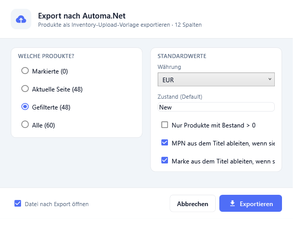 Der Automa.Net-Export mit Vorgabewerten und Ableitungsregeln