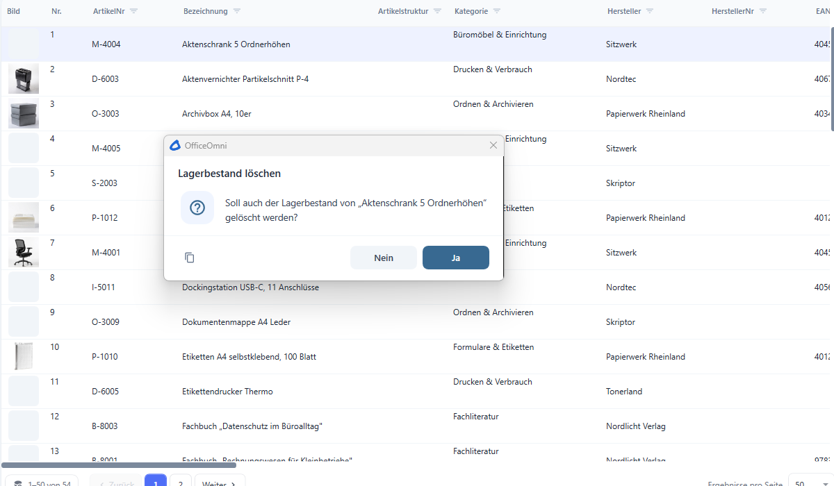 Die Rückfrage Lagerbestand löschen über der Produktliste mit den Schaltflächen Nein und Ja