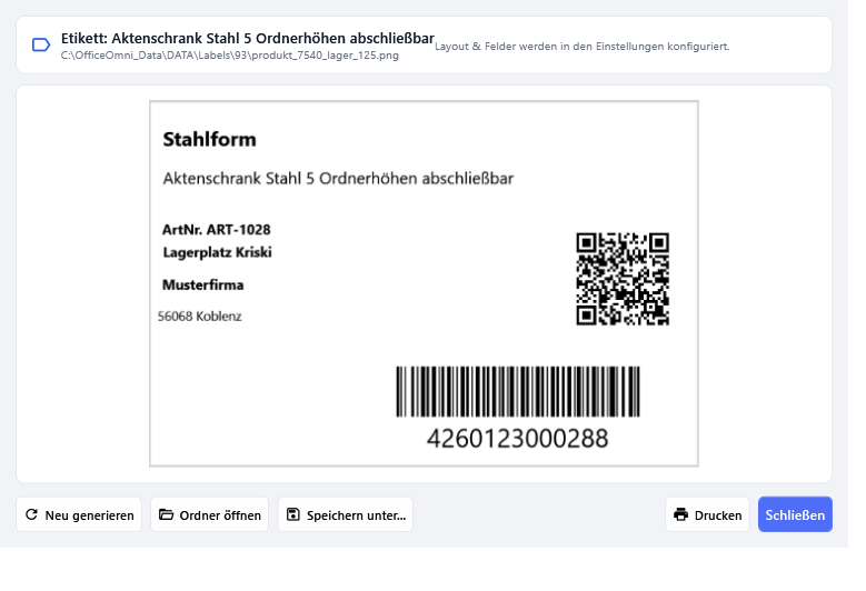Das Vorschaufenster eines Produkt-Etiketts