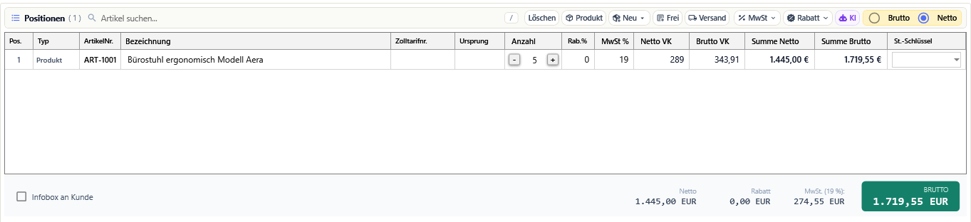 Nur bei der Handelsrechnung blendet der Belegeditor die Spalten Zolltarifnr. und Ursprung ein