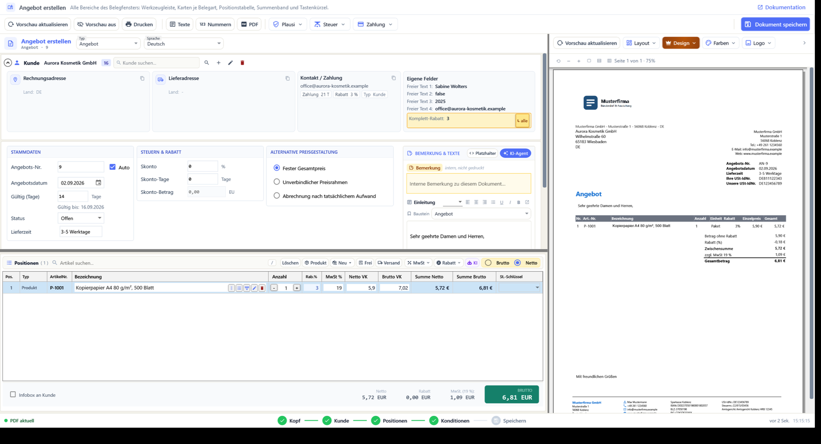 OfficeOmni-Angebotseditor mit Beispielkunde Aurora Kosmetik GmbH, einer Kopierpapier-Position, Mengen, Beträgen und PDF-Vorschau