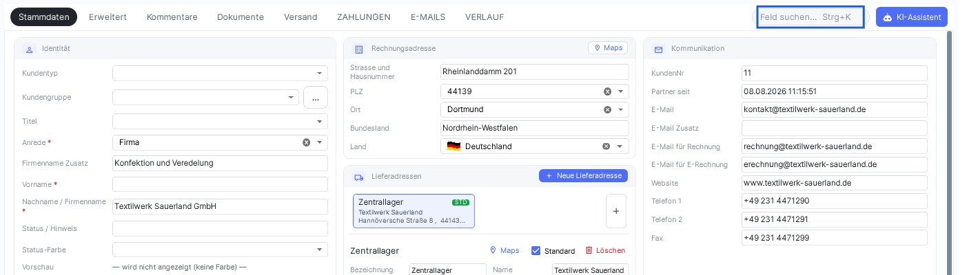 Die Reiterleiste der Kundenakte mit der Feldsuche am rechten Rand