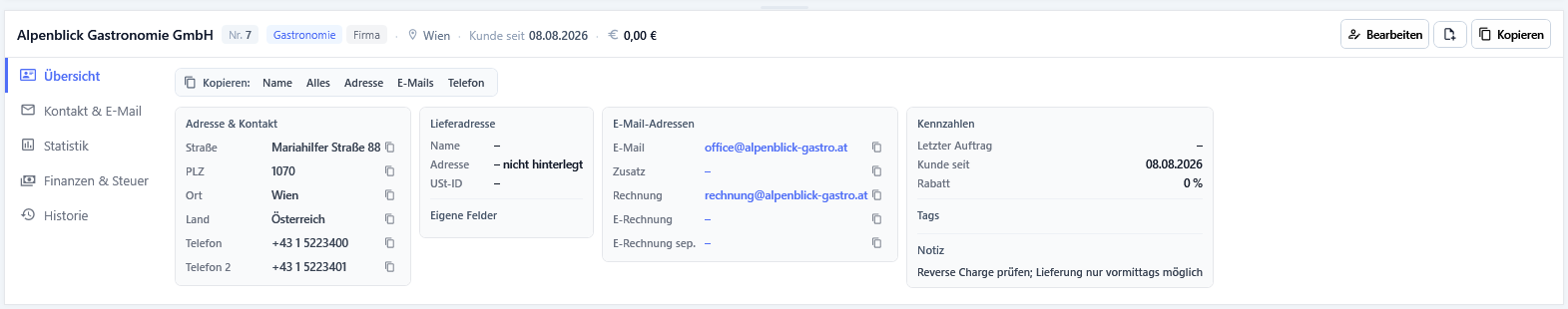Der Reiter Übersicht der Kundendetails mit der Kopierleiste und den vier Informationsspalten