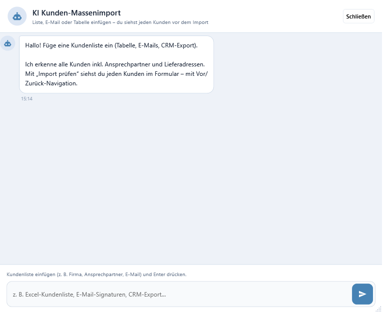 Das Chatfenster nach der Auswertung — mit der Schaltfläche Import prüfen in der Antwort