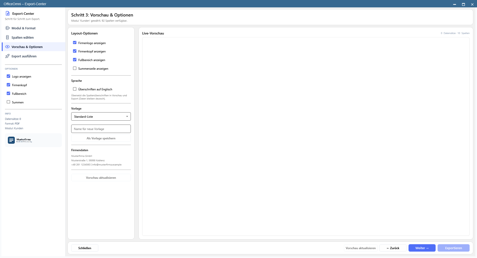 Das Export-Center mit Layout-Optionen und Live-Vorschau