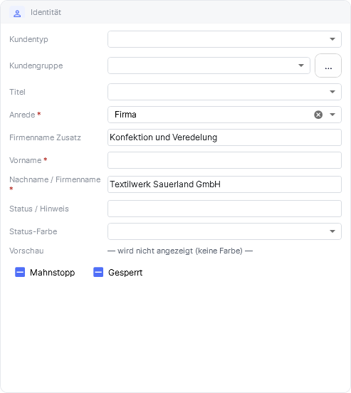 Die Kontrollkästchen Mahnstopp und Gesperrt in der Karte Identität