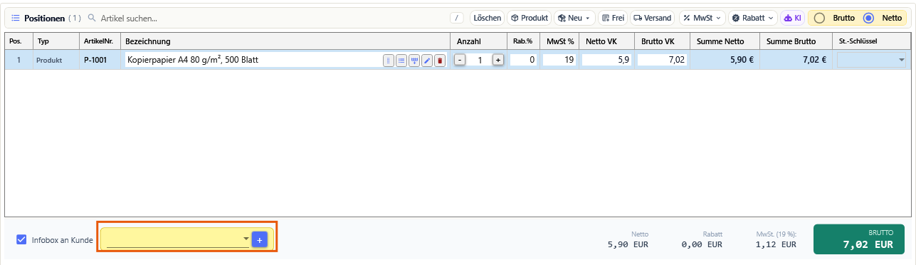 Die Infobox an Kunde — links im Beleg, gelb hinterlegt, neben dem Summenblock