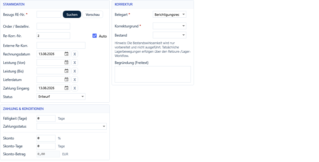 Die Maske der Rechnungskorrektur mit Bezugsrechnung, Belegart und Korrekturgrund
