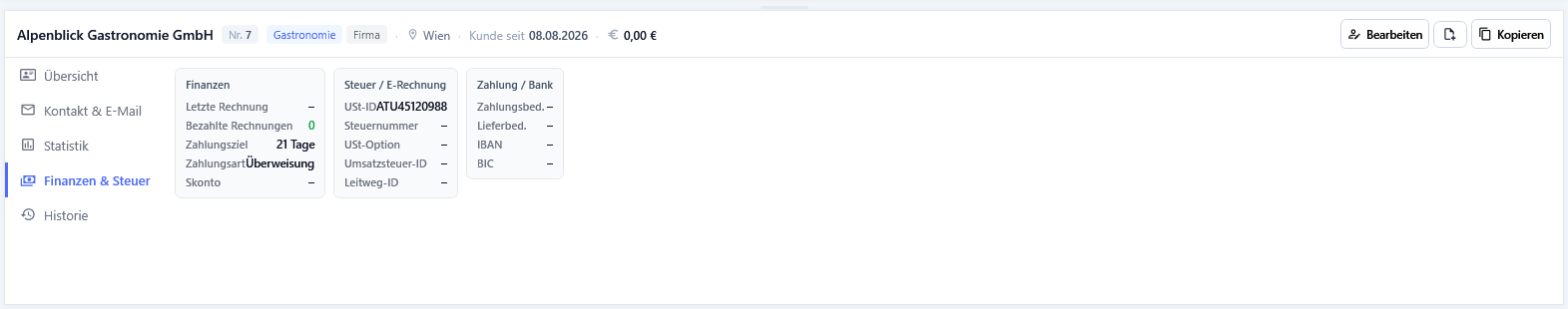 Die Kundendetails mit dem Reiter Finanzen & Steuer
