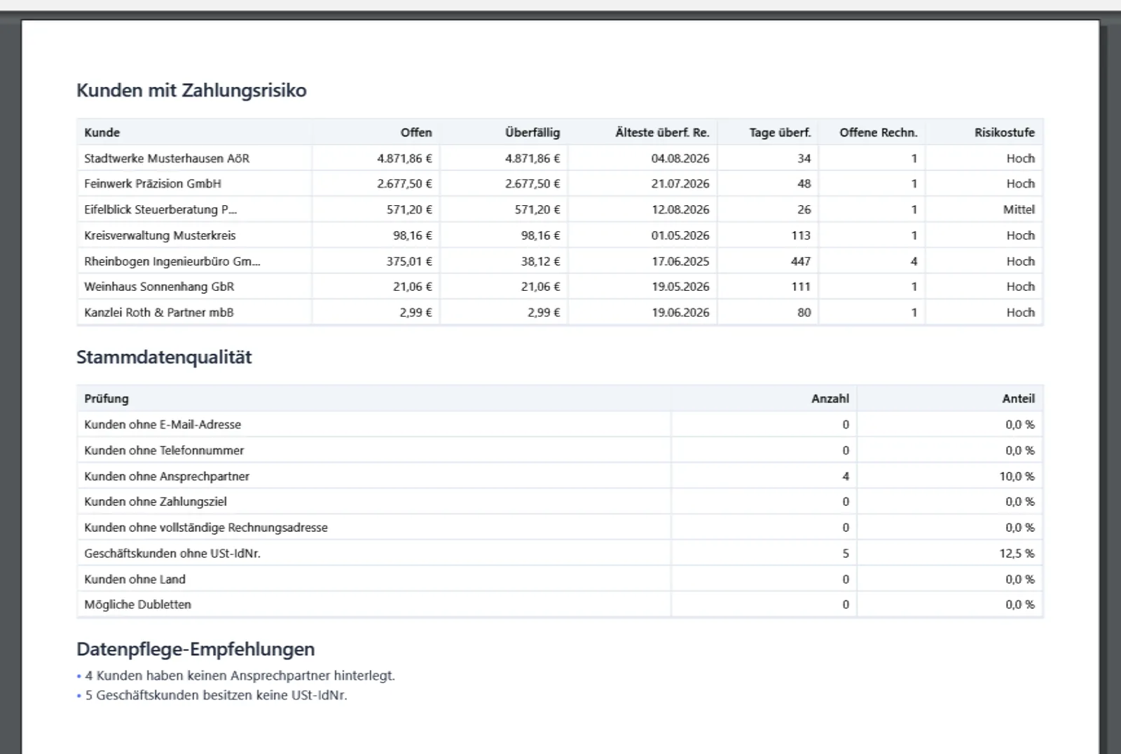 Seite 4 der Kundenanalyse mit den Kunden mit Zahlungsrisiko und der Stammdatenqualität