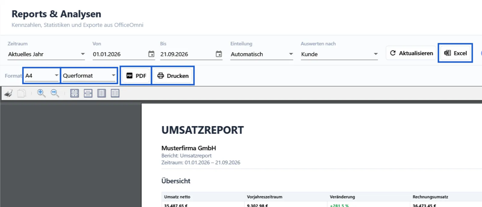 Report in OfficeOmni mit markierter Schaltfläche Excel sowie Format, Ausrichtung, PDF und Drucken in der Dokumentleiste