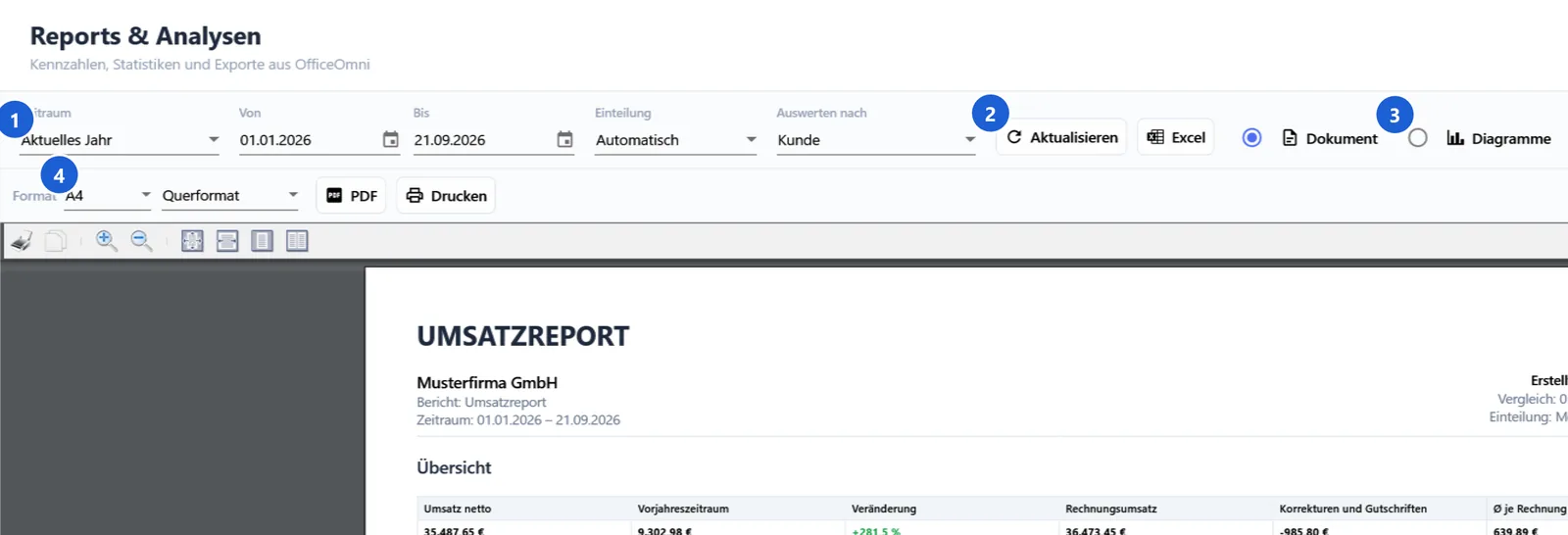 Filterleiste des Umsatzreports mit Zeitraum, Von, Bis, Aktualisieren, Excel und der Umschaltung zwischen Dokument und Diagrammen