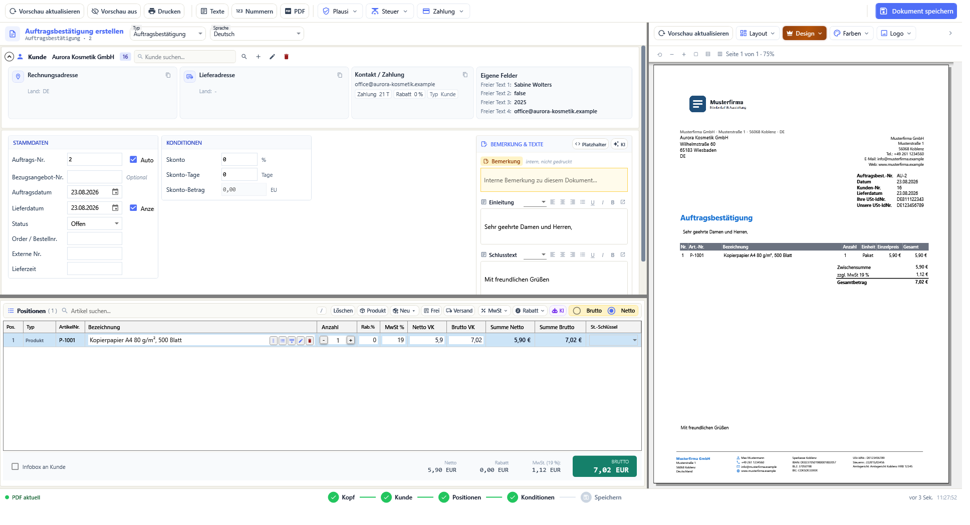 Die beiden Karten der Auftragsbestätigung im Belegeditor