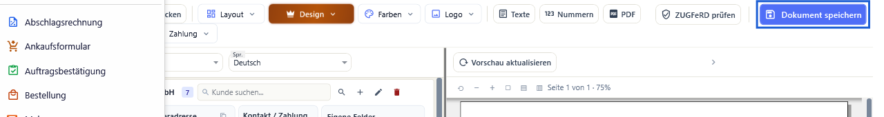 Die Schaltfläche Dokument speichern in der Kopfleiste