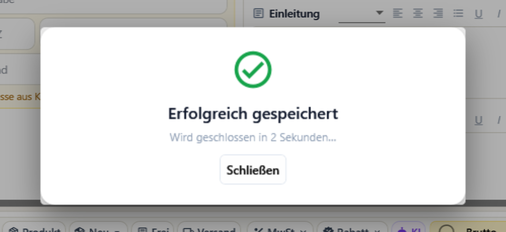 Der Speicherdialog meldet mit grünem Haken Erfolgreich gespeichert und schließt sich nach zwei Sekunden von selbst