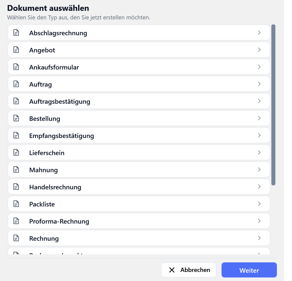 Das Fenster Dokument auswählen mit der Liste aller Belegarten und den Schaltflächen Abbrechen und Weiter