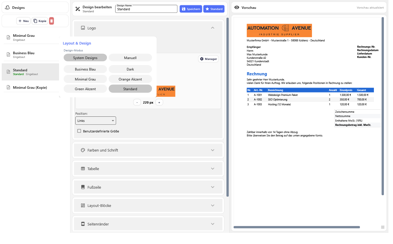 Der Design-Editor mit Designliste, Einstellbereichen und mitlaufender Vorschau