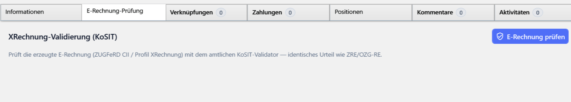 Reiter E-Rechnung-Prüfung mit der Überschrift XRechnung-Validierung (KoSIT) und der Schaltfläche E-Rechnung prüfen