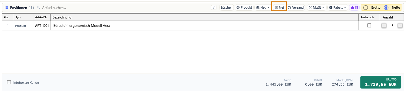 Die Schaltfläche Frei in der Leiste über den Positionen
