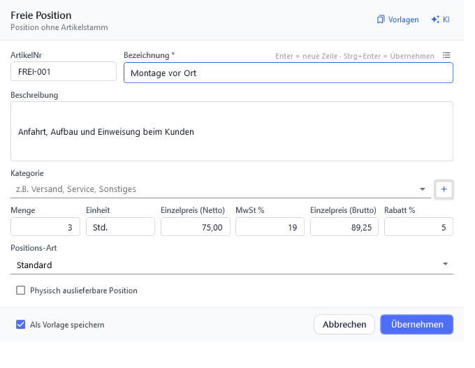Das Fenster Freie Position bearbeiten mit allen Feldern