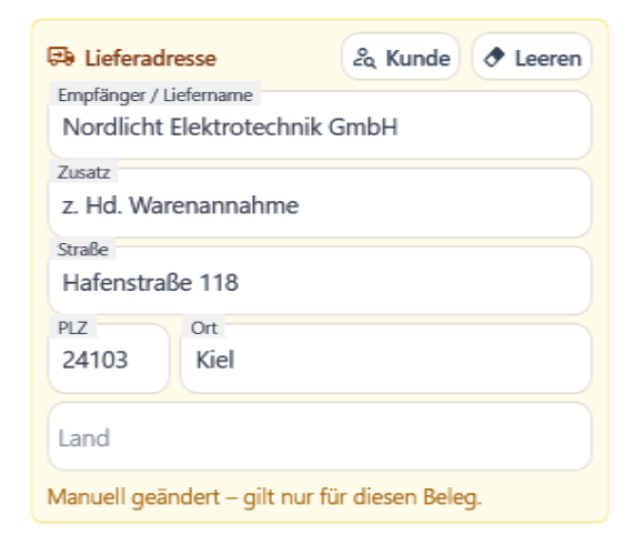 Die belegbezogene Karte Lieferadresse mit den Schaltflächen Kunde und Leeren