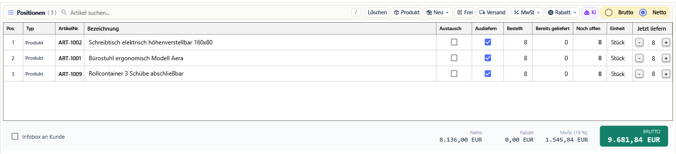Die Teillieferung aus einem Auftrag mit den Mengenspalten und dem Hinweis auf ausgeblendete Positionen