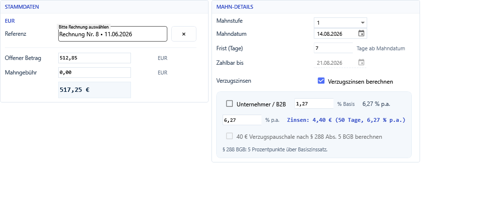 Die beiden Karten der Mahnung mit aufgeklapptem Zinsblock