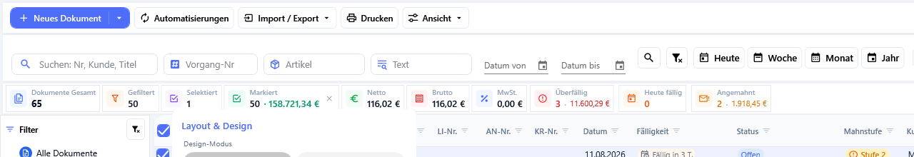 Die Kennzahlenleiste mit den drei Kacheln zum Zahlungsstand