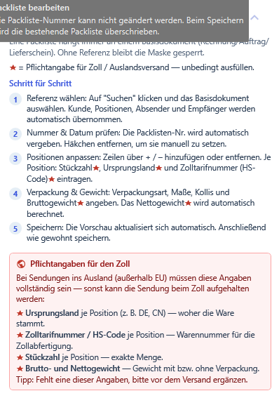 Die eingebaute Anleitung mit dem roten Kasten zu den Zoll-Pflichtangaben